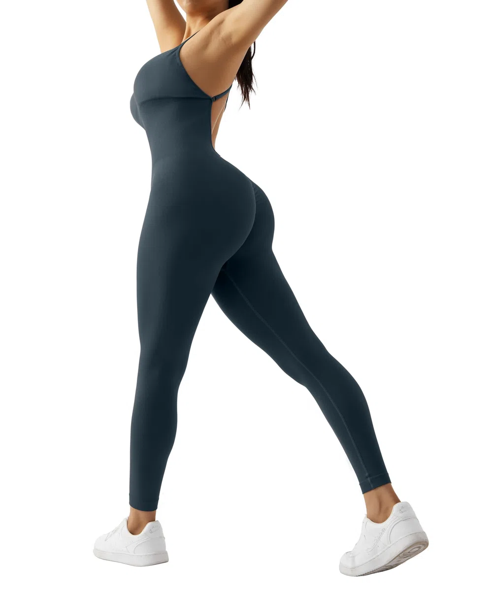 RXRXCOCO Spaghetti Strap a coste, tuta da donna aderente, senza schiena, imbottita, per yoga, sport, tuta intera