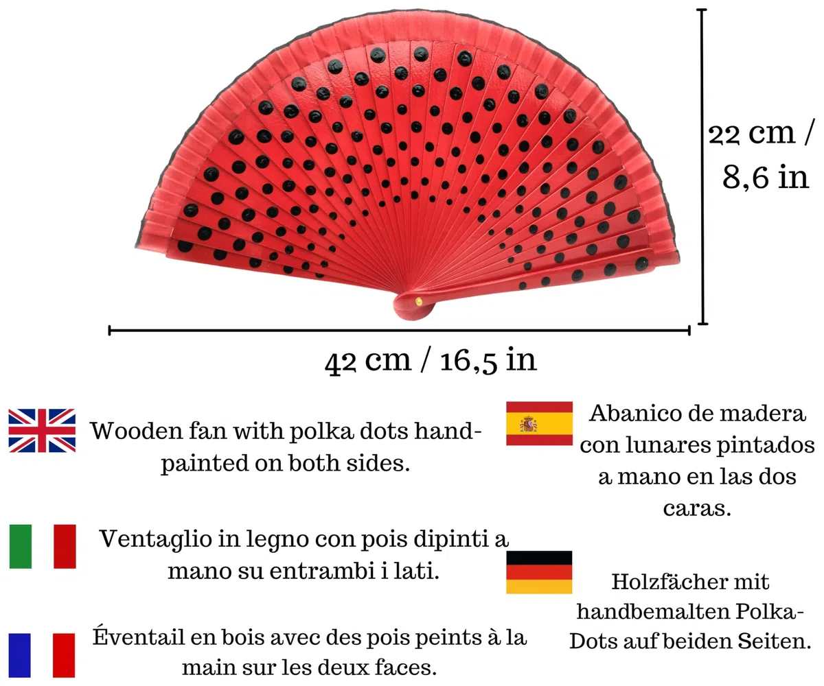 Ventaglio con pois dipinti a mano con fodera artigianale. Include fermaglio per capelli e portachiavi stile flamenco (Rosso LN)