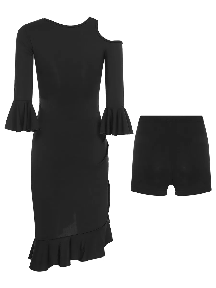 Vestito da Ballo Latino Americano Donna Manica Corta Abito Danza Classica con Orlo Asimmetrico Vestito + Pantaloncini Abito da Pattinaggio Artistico