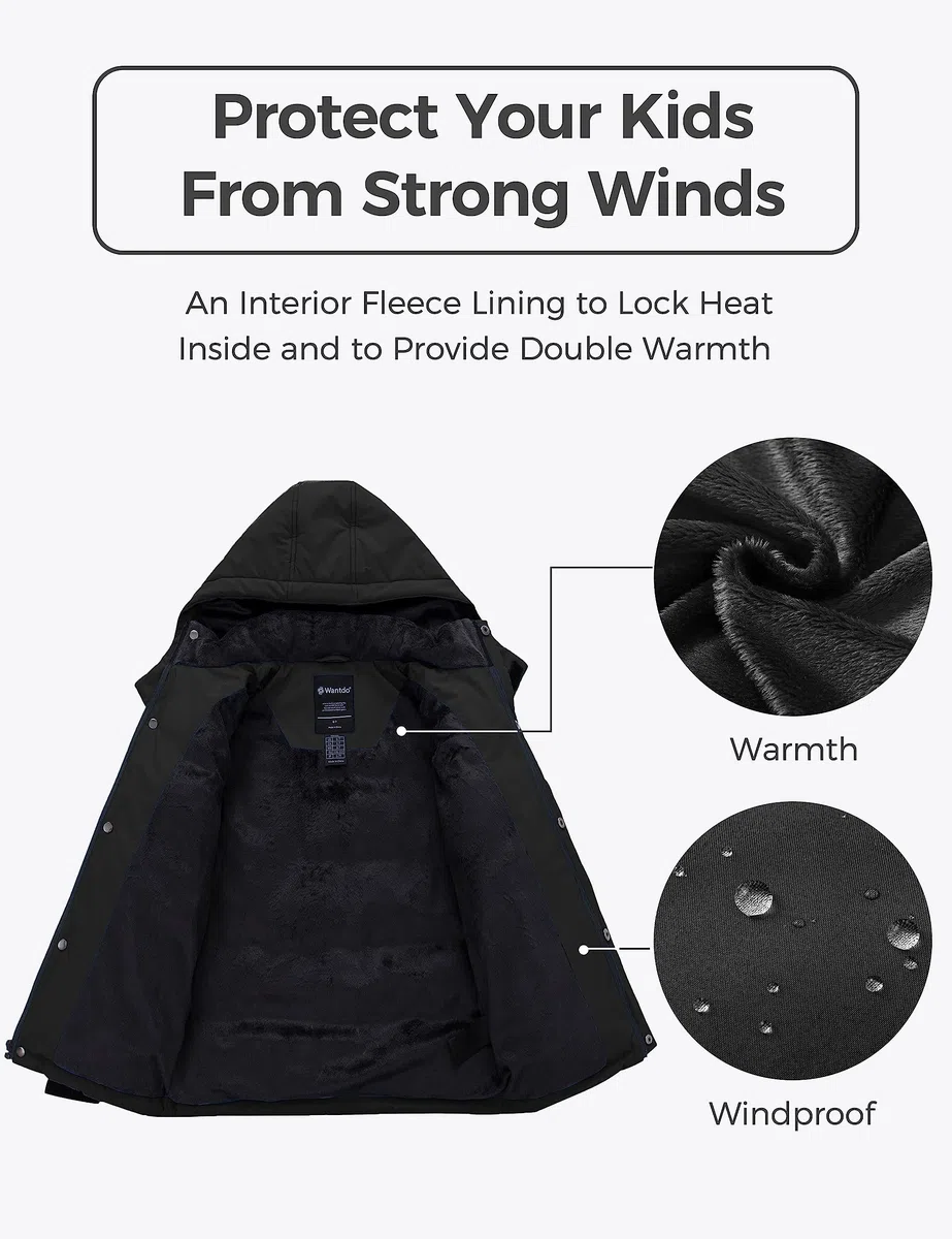Wantdo Giacca Caldo Invernale Parka con Cappuccio Antivento Cappotto da Esterno Trapuntato Giubbotto in Cotone da Trekking Bambino