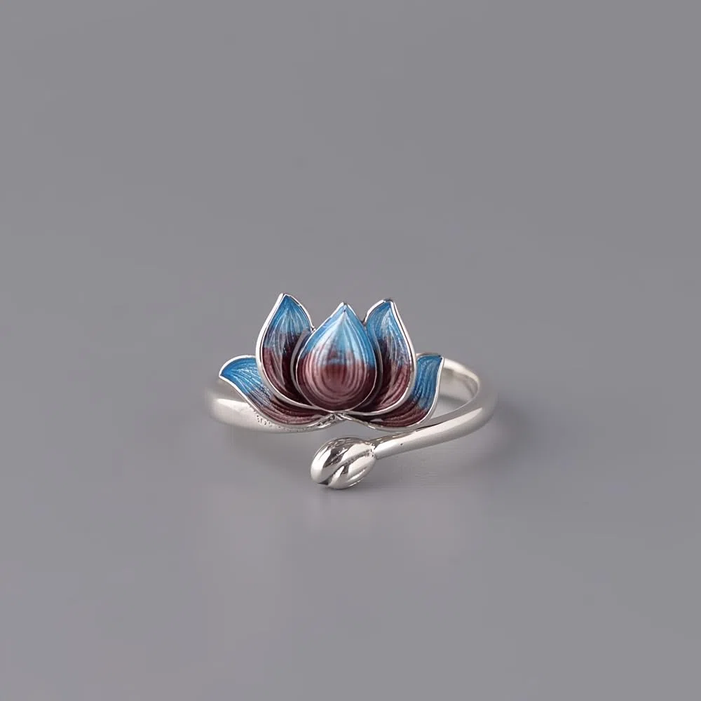 Anello aperto fiore di loto smaltato in argento sterling 925 per donna e ragazza regolabile
