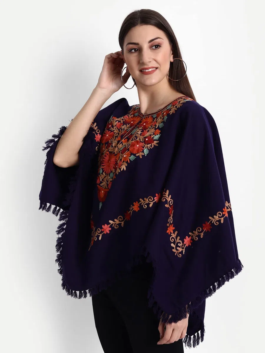 Indian Kashmiri - Poncho da donna con ricamo a mano, motivo cachemire, lavorato con fodera interna (dimensione libera), colore: verde