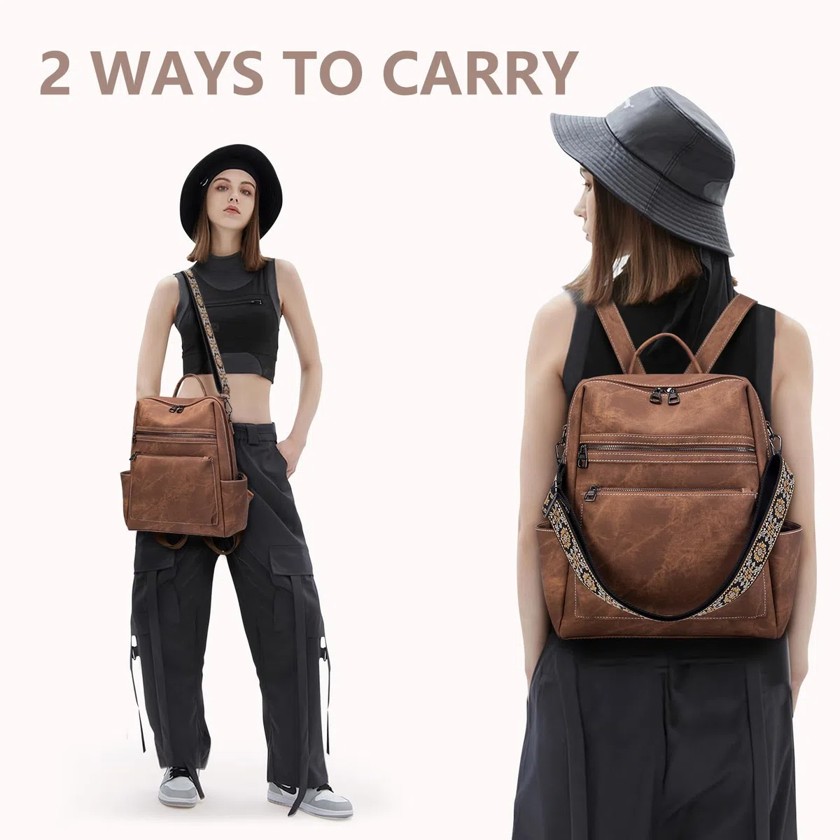 Zaino Donna Elegante in Pelle, Borsa Antifurto Impermeabile Daypack Moderno per Viaggio, Lavoro, Scuola - Cuoio con Tasche Multiple