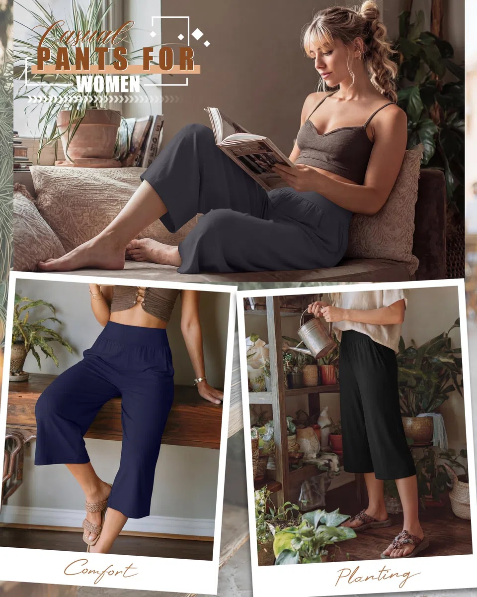 Neer Confezione da 3 pantaloni Capri da donna, a gamba larga, a vita alta, pantaloni della tuta estivi casual da allenamento con tasca