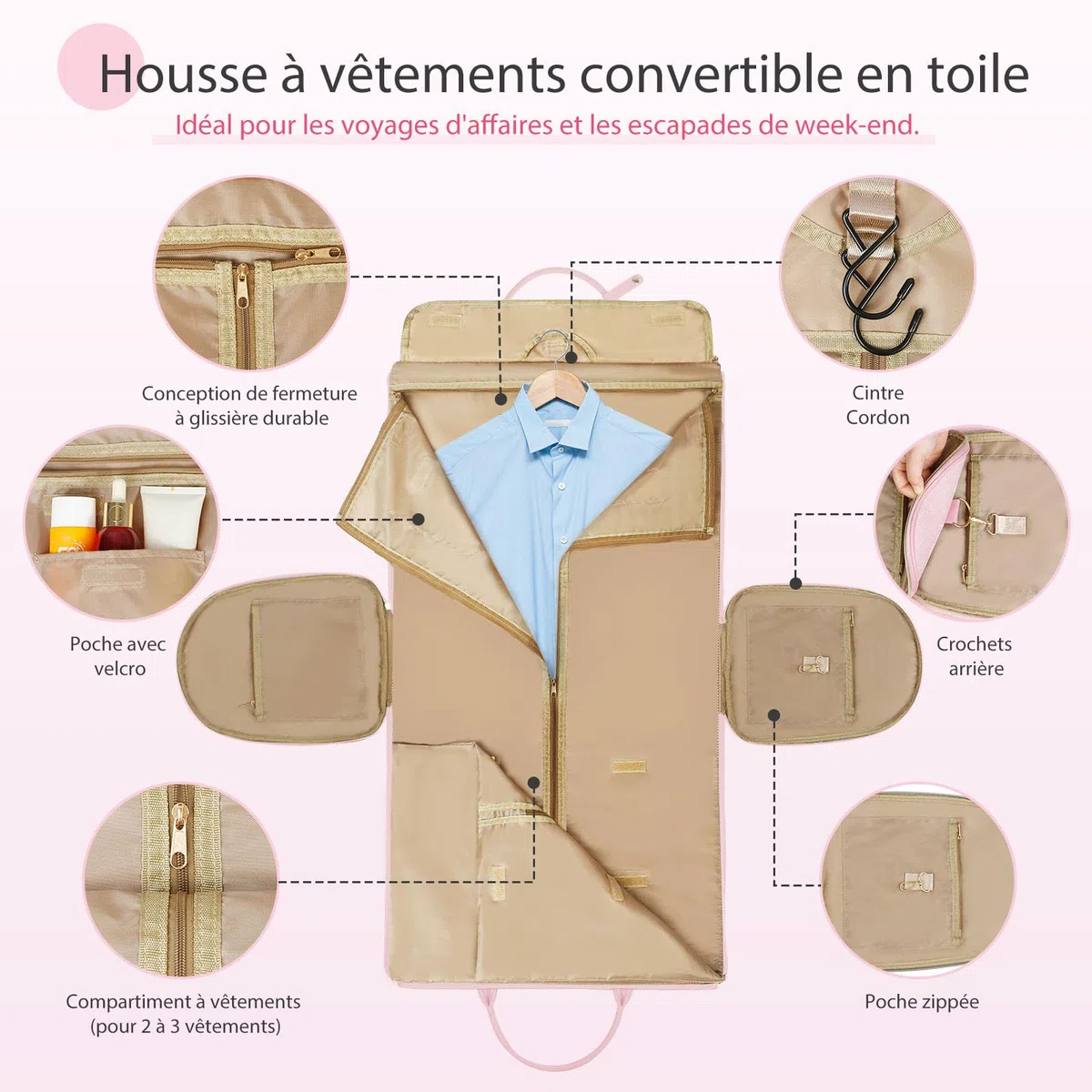 Borsa Porta Abiti da Viaggio Convertibile 50L, 2-in-1 Borsone con Pouch Scarpe Impermeabile e Sistema Anti-Piega per Uomo e Donna - Ideale per Viaggi di Lavoro e Vacanze(Rosa)