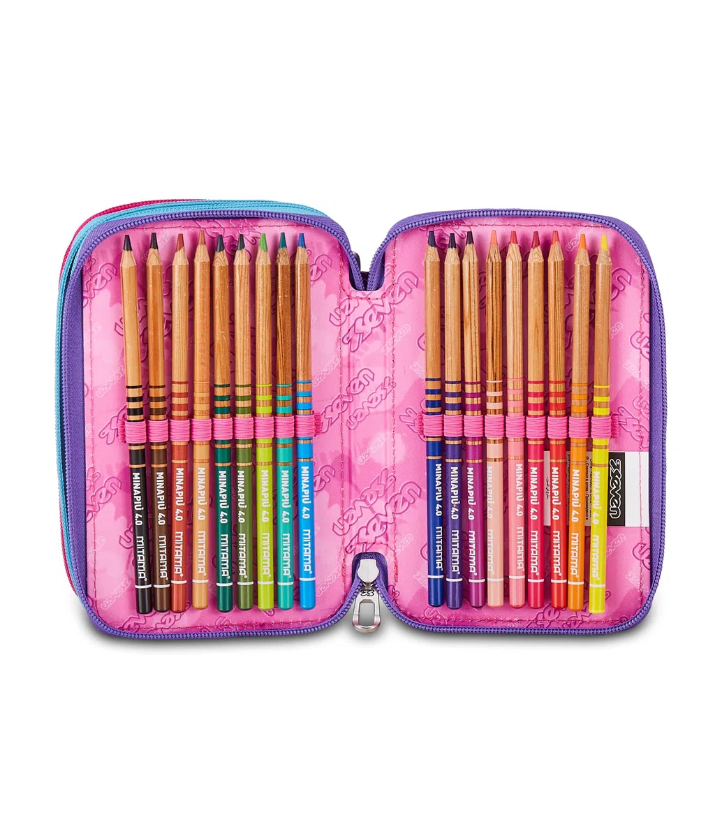 Seven Astuccio Scuola Elementare, 3 scomparti, Medie, con Matite, Pennarelli, Penne, 3 Zip, Purple Flare, Bambina e Ragazza, rosa/nero