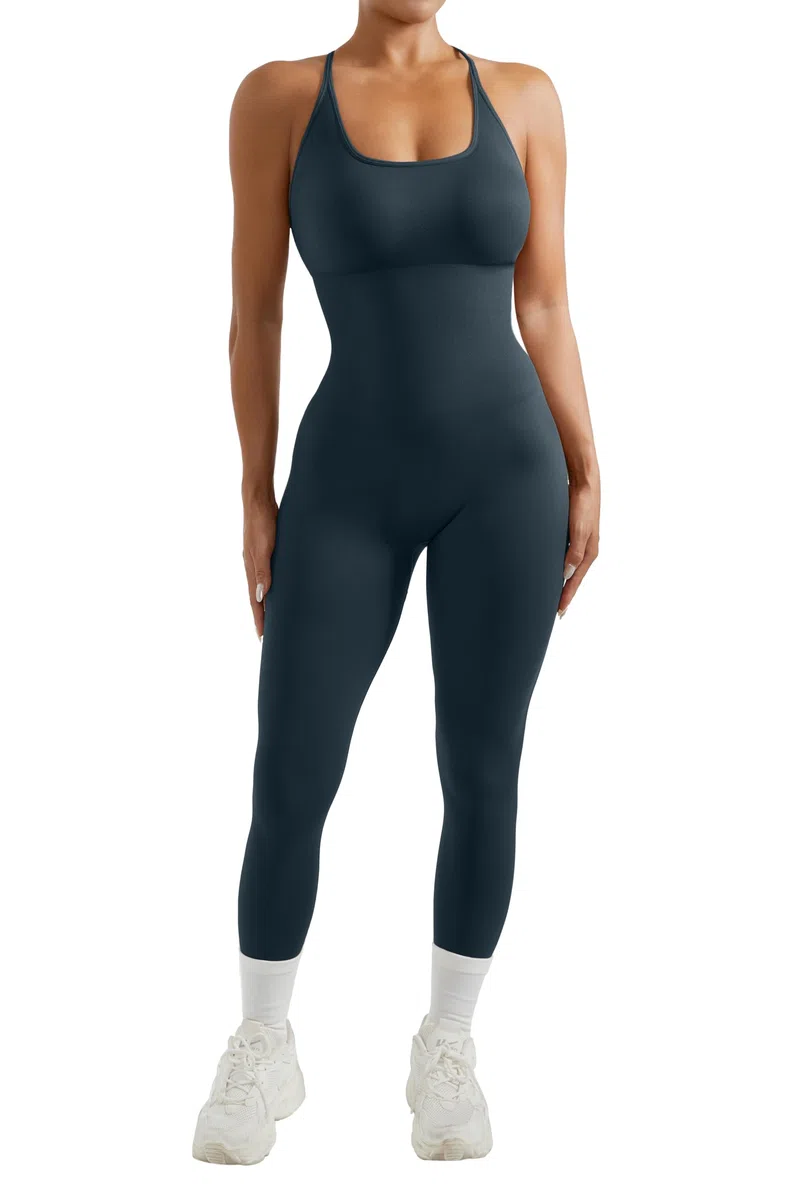 RXRXCOCO Spaghetti Strap a coste, tuta da donna aderente, senza schiena, imbottita, per yoga, sport, tuta intera