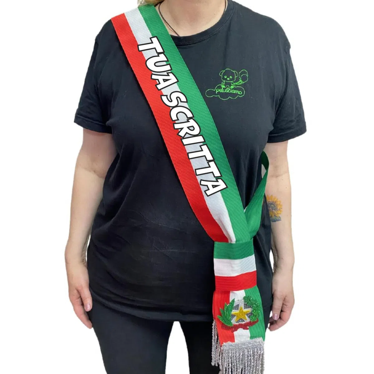 PELUSCIAMO Fascia Tricolore da Sindaco | Personalizzabile Con Scritta | Modello Repubblica Frangia Argento o Oro 100% Made in Italy Da Adulto PS 04627-05185