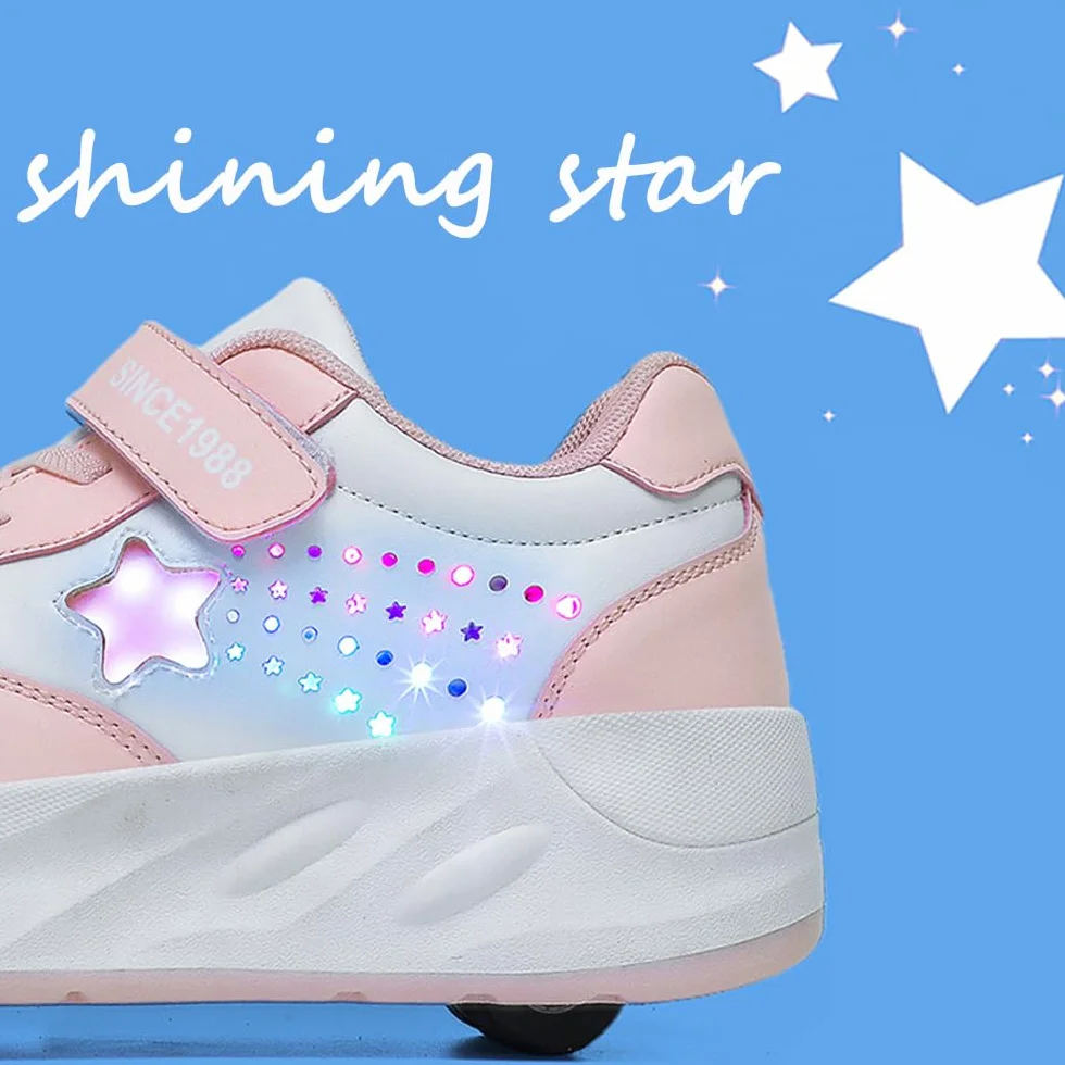 Mateju Scarpe con Rotelle per Bambini, Scarpe da Skateboard Sportive all'aperto 2 in 1 con 4 Ruote Rimovibili, Scarpe da Ginnastica Stella Lucide Pattini Unisex Sneakers Moda