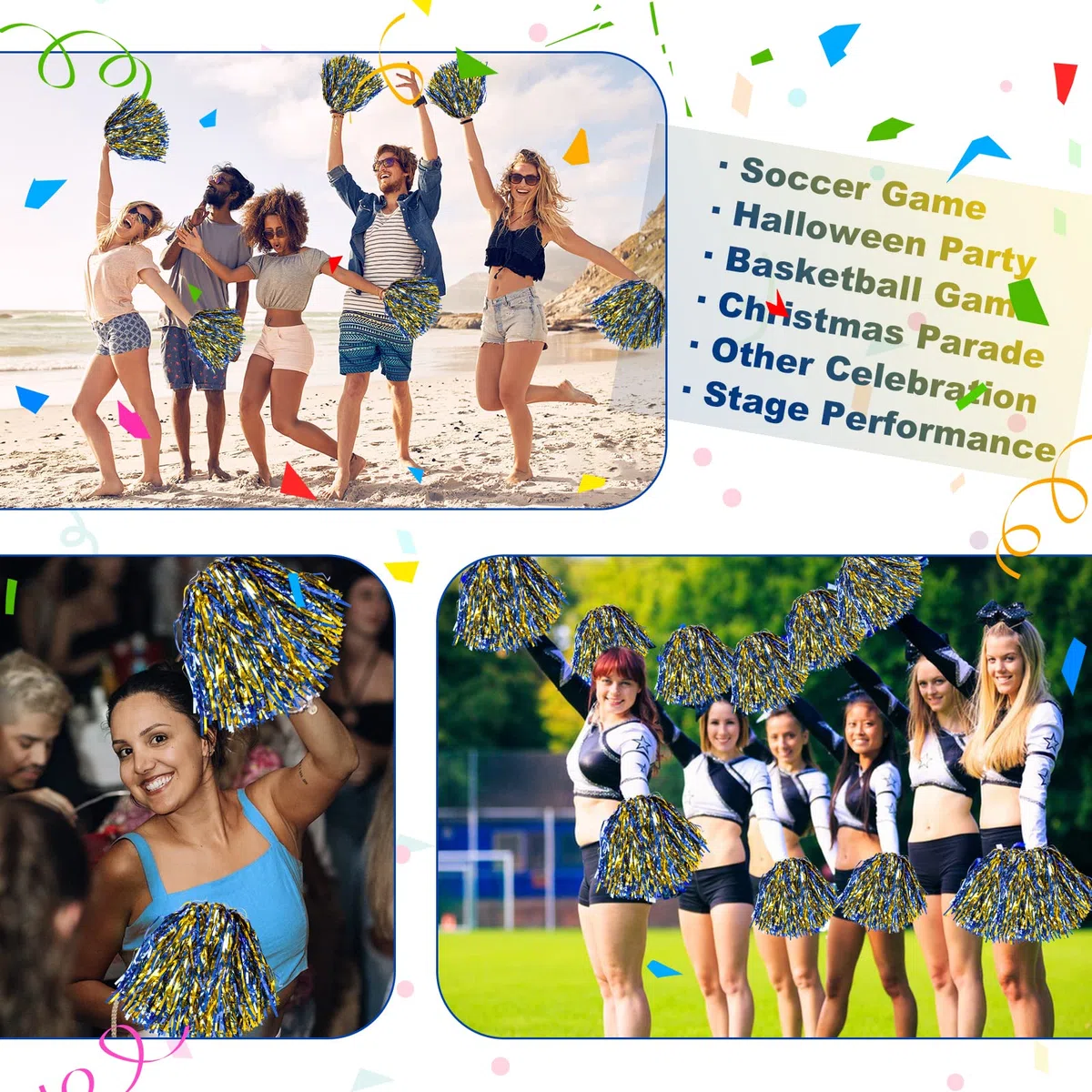 24 pompon da cheerleading metallici, per bambini, cheerleader, pom pom poms con manico per bacchetta, per adulti, squadra, sport, gioco di danza (oro e blu)