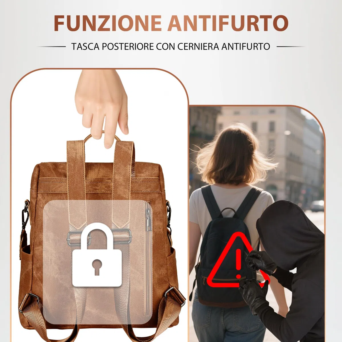 Leathario Zaino Donna in Pelle Vegana Impermeabile Antifurto,Borsa Elegante 3-in-1,Zaino da Lavoro, Viaggio e Uso Quotidiano(Marrone Smerigliato)