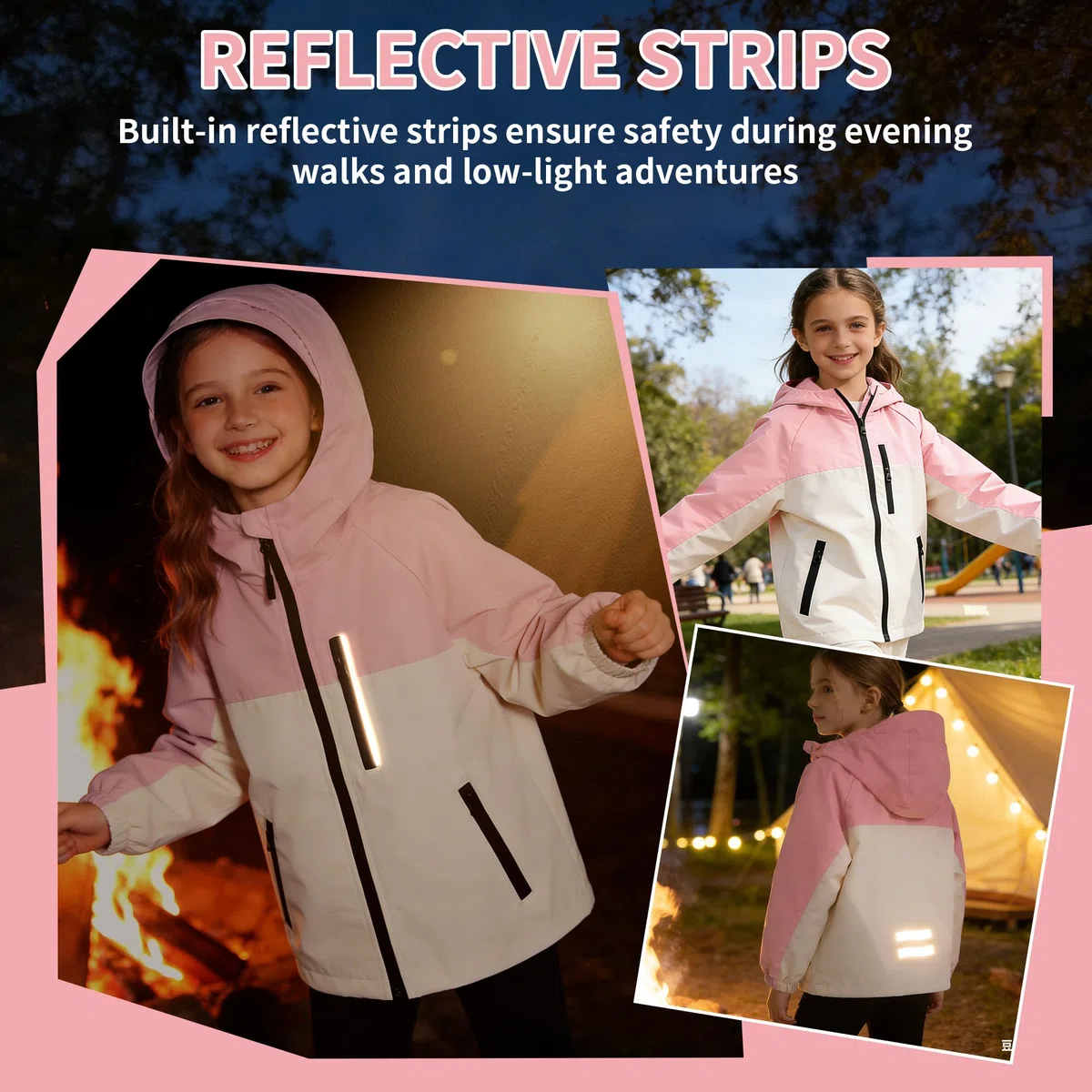 Giacca Impermeabile Bambini, Giacche Antivento con Strisce Riflettenti e Tasche Cerniera, Leggero Abbigliamento Esterno con Cappuccio Ragazze Ragazzi Outdoor Scuola per Età 5-13