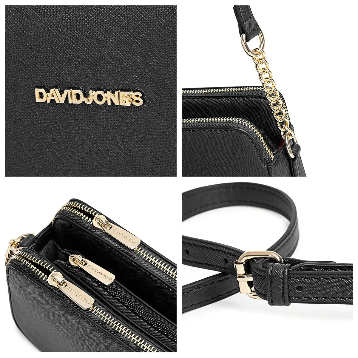 David Jones - Borsa a Tracolla Piccola Donna - Borsa a Mano Spalla Telefono Pelle PU Rigida - Borsetta 3 Scomparti Tasche - Clutch Crossbody Bag Moda Noche Sera - Nero