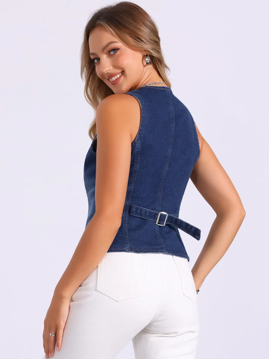 Allegra K Gilet Jeans Donna Estivo Gilet Elegante con Bottoni Scollo A V Giubbotto Senza Maniche Giacca In Denim