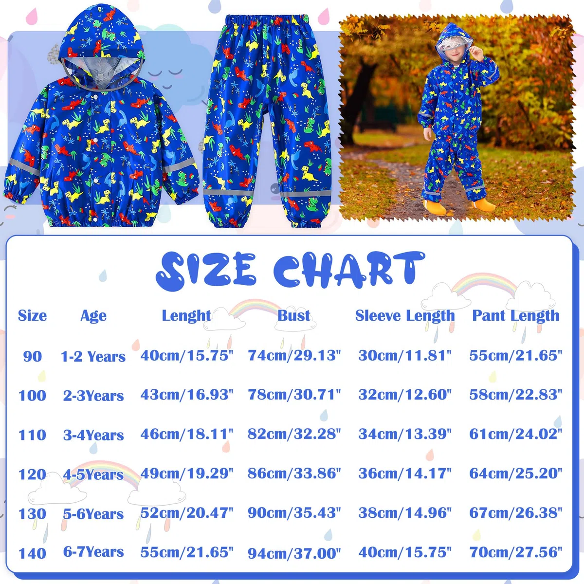 Tuta Impermeabile Bambino Bambina Giacca & Pantaloni Antipioggia Leggero Traspirante Tuta Pioggia Riflettente Completo Antipioggia con Cappuccio Ragazzi Ragazze 1-7 Anni, 86-122
