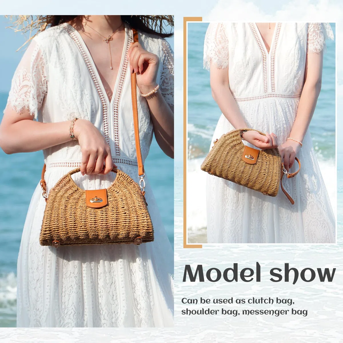 EVEOUT Borsa a tracolla in Paglia Donna Estiva Borsa a cesto Rattan Intrecciata Boho Chic Borse a mano per spiaggia vacanze viaggio
