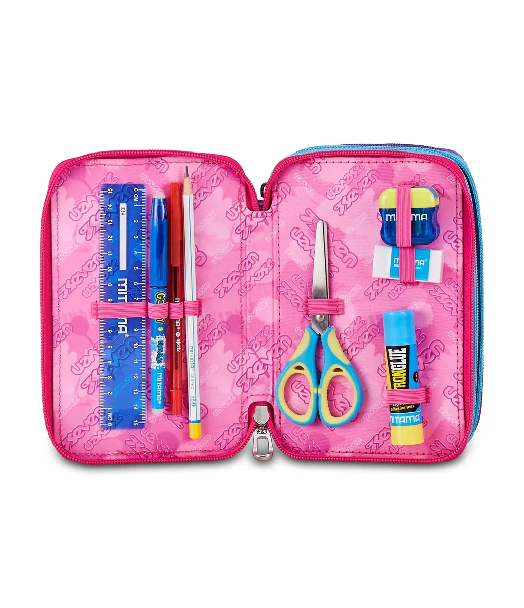 Seven Astuccio Scuola Elementare, 3 scomparti, Medie, con Matite, Pennarelli, Penne, 3 Zip, Purple Flare, Bambina e Ragazza, rosa/nero
