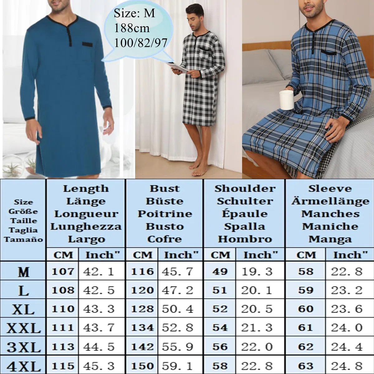 Maglie Pigiama Uomo Maniche Lunghe Abbigliamento da Notte Cotone Camicie Lunghe per Dormire