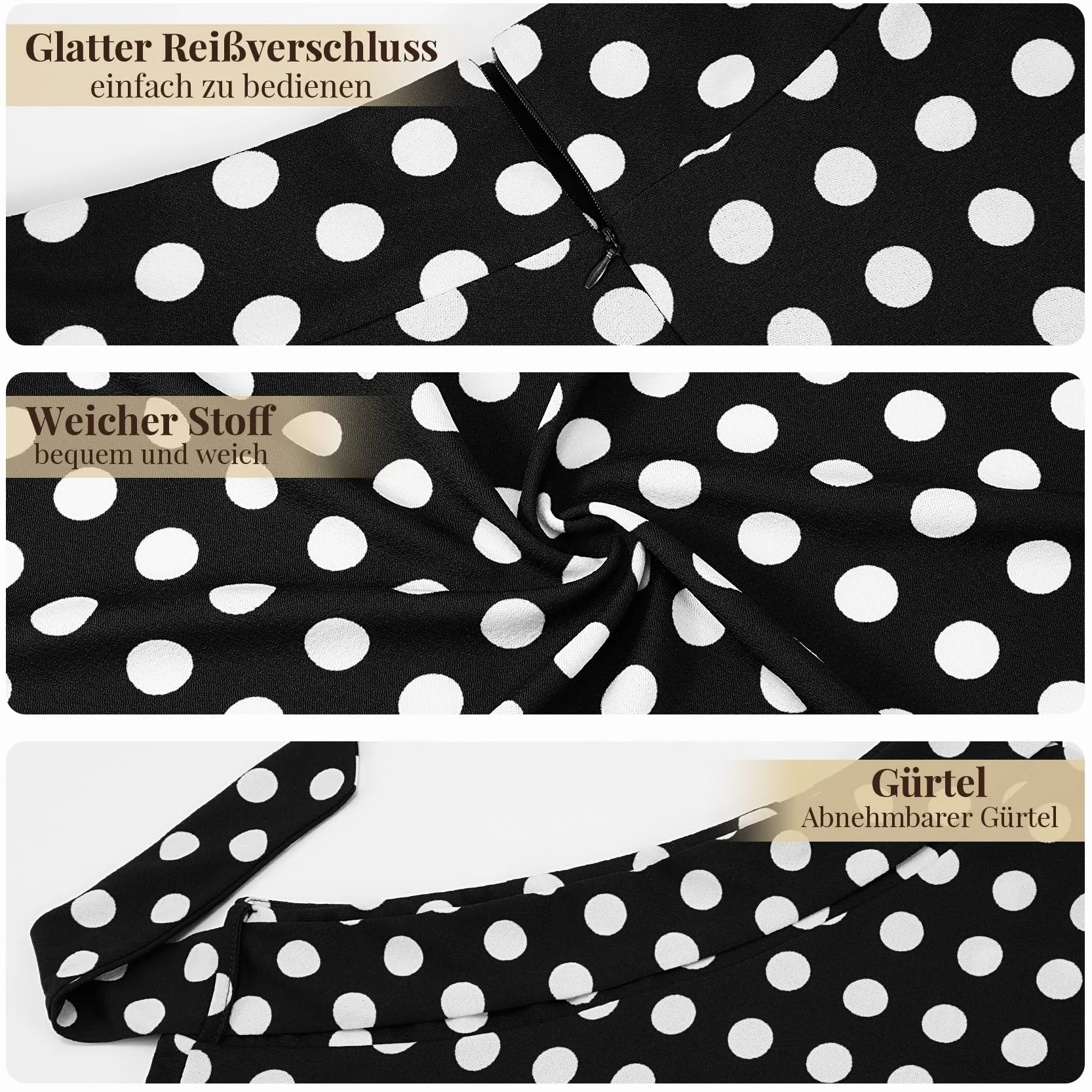 WERFORU Gonna midi da donna anni '50, a pois, rockabilly, vintage, linea ad A, gonna a pieghe con cintura