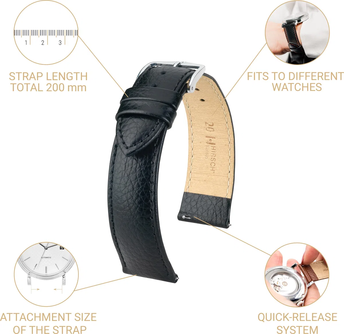 HIRSCH Watch Strap Kansas - vera pelle di vitello - goffratura a bufalo - per uomini e donne
