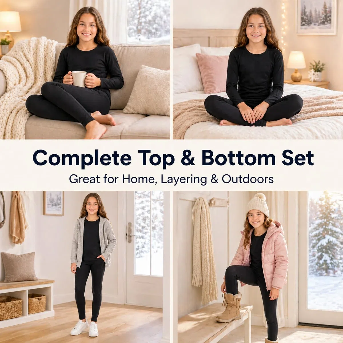Completo Intimo Termico Bambina Invernale Maglia e Leggings Foderati in Pile, Caldo, Elasticizzato, Morbido e Traspirante (Nero, L)