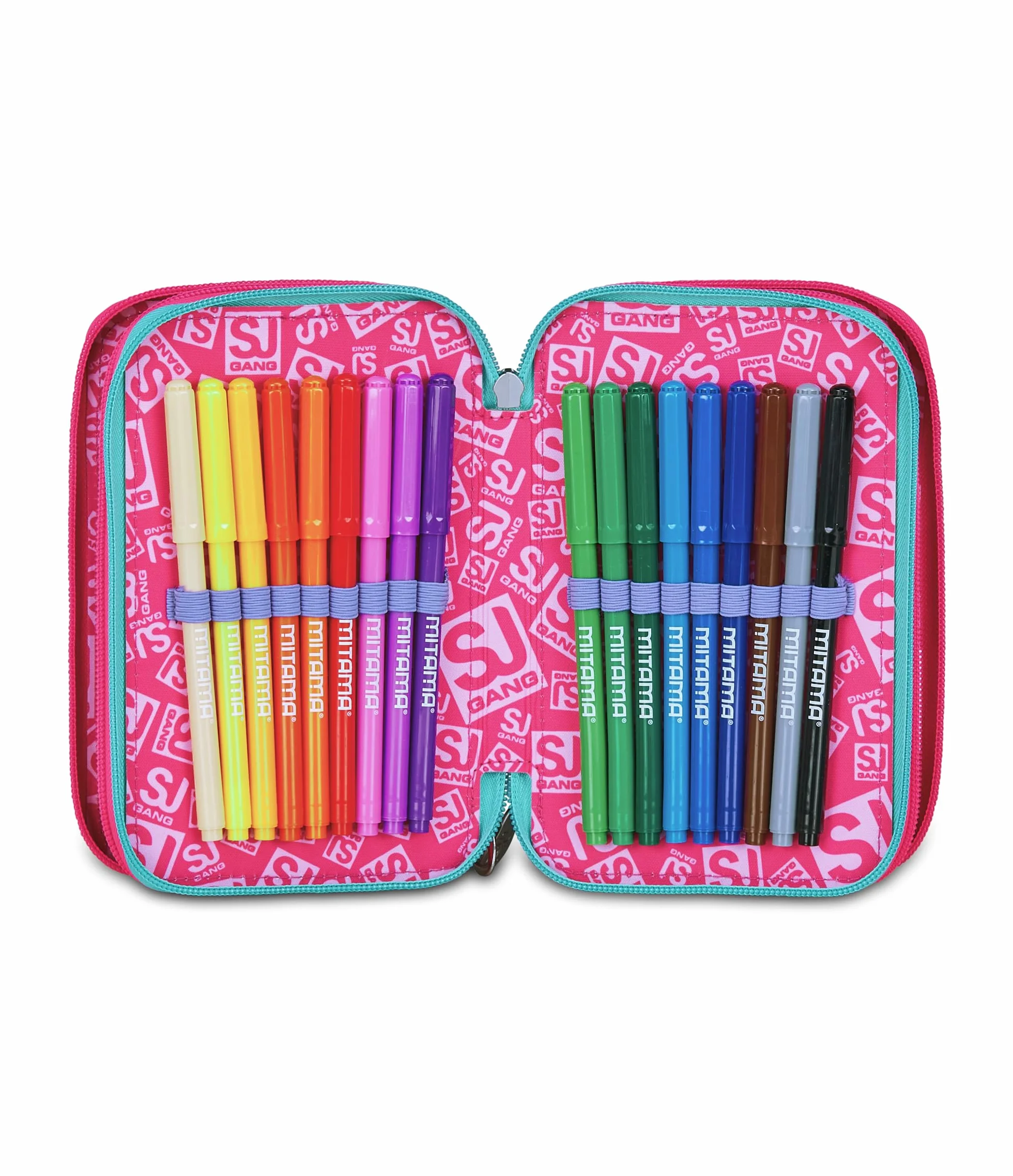 SJ GANG STYLE JAM GANG Astuccio Scuola 3 Zip, Rosa, Portapenne Triplo Scomparto Completo Di Penne, Matite, Colori, Accessori Zaino, Scuole Elementari, Bambina