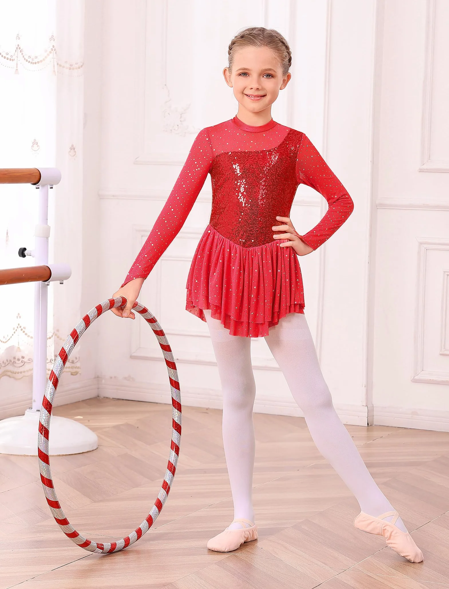 FYMNSI Vestito da pattinaggio artistico per ragazze con strass scintillanti a maniche lunghe in tulle con gonna body da ginnastica danza danza