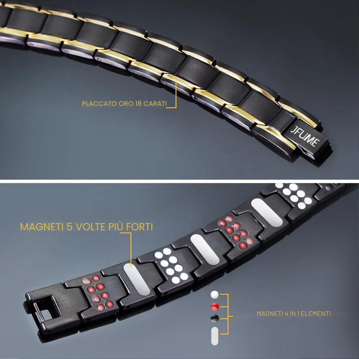JFUME Bracciale magnetico da uomo, placcato oro 18k, placcato nero, argento, carbonio blu con strumento di rimozione link, regolabile 22cm