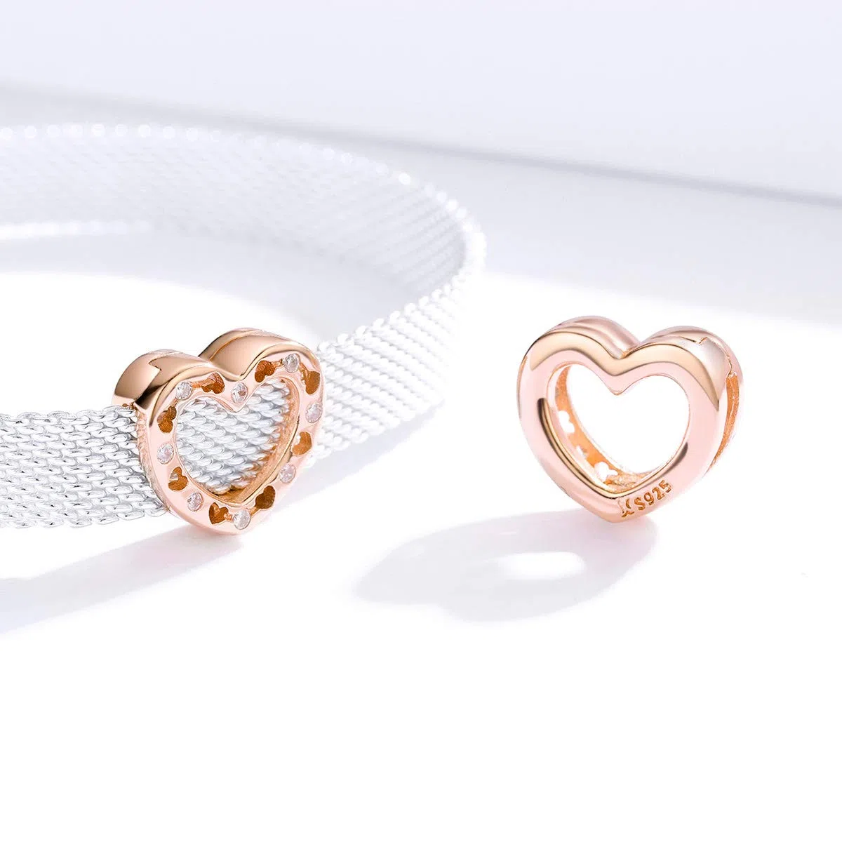 NewL - Ciondolo a forma di cuore in vero argento Sterling 925, per donne originali, per braccialetti con riflessi e ragazze, in oro rosa