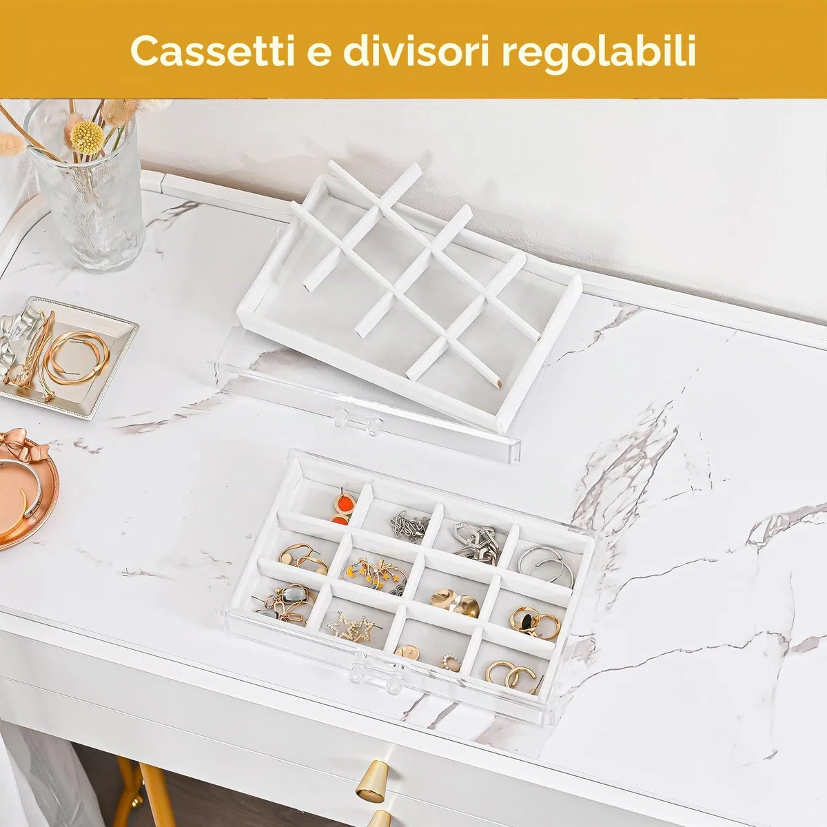 ProCase Organizer per gioielli in acrilico, trasparente per gioielli, con 5 cassetti, orecchini, collane, anelli, organizer per la casa -Bianco caldo