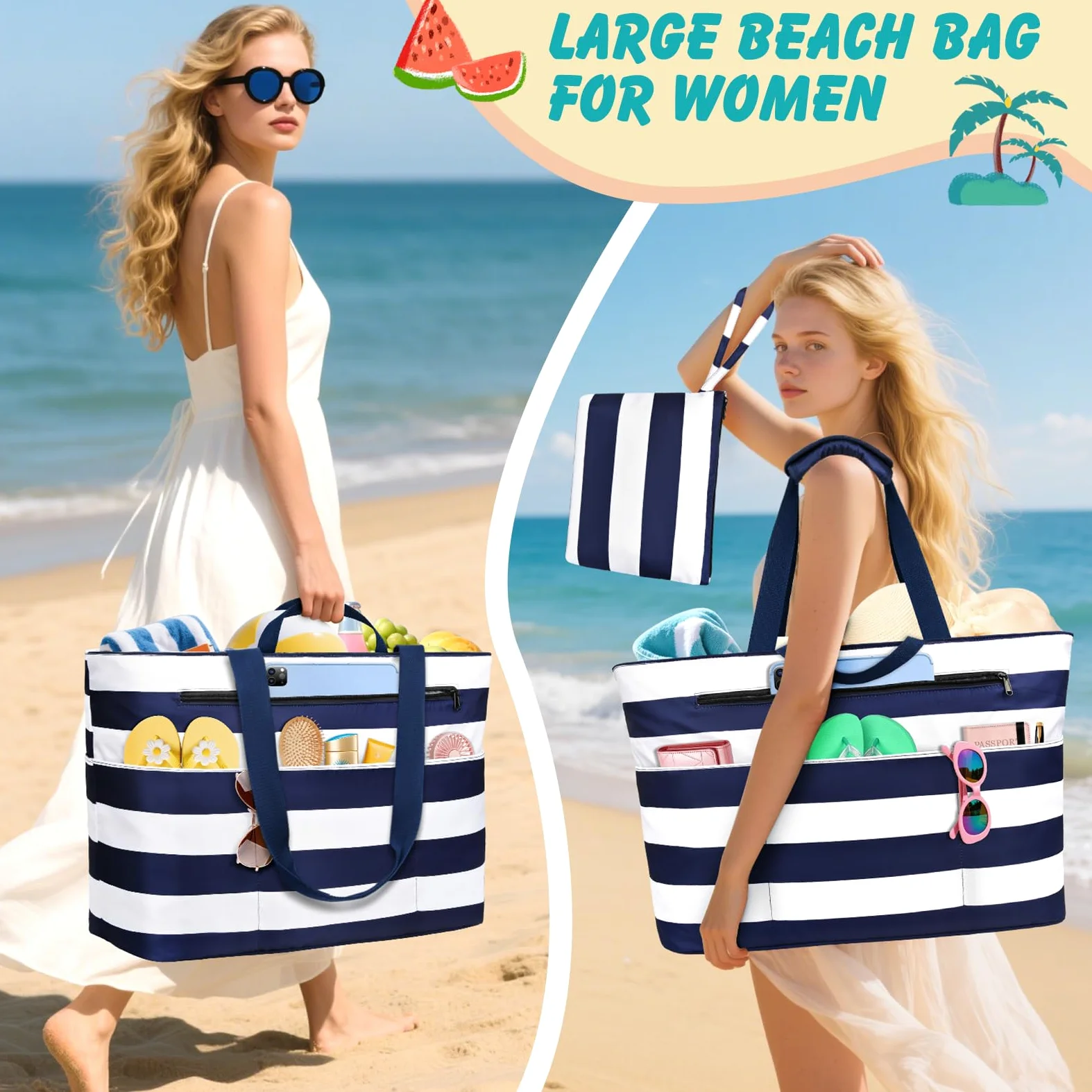 Borsa Mare Grande Borsa Spiaggia Donna XXL Famigli Impermeabile Beach Bag Con Zip Pieghevole Borsa Da Spiaggia Multitasche Tote Bag Per Spiaggia, Viaggio, Vacanza. 50L