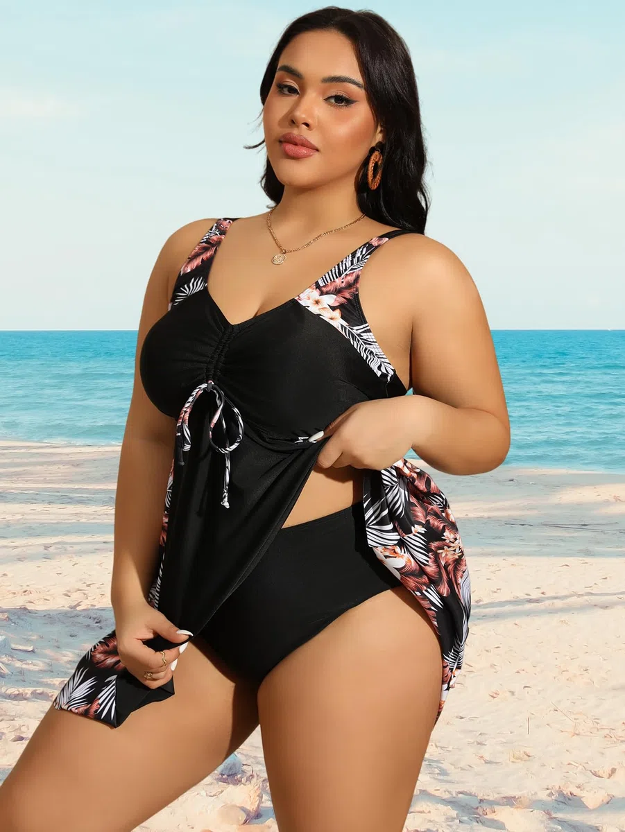 HANERDUN Plus Costume da Bagno Donna Tankini Set da Donna Due Pezzi Sexy Scollo a V Coulisse Push up Imbottito Reggiseno Costume da Bagno Floreale Tankini Moda Mare Plus Size