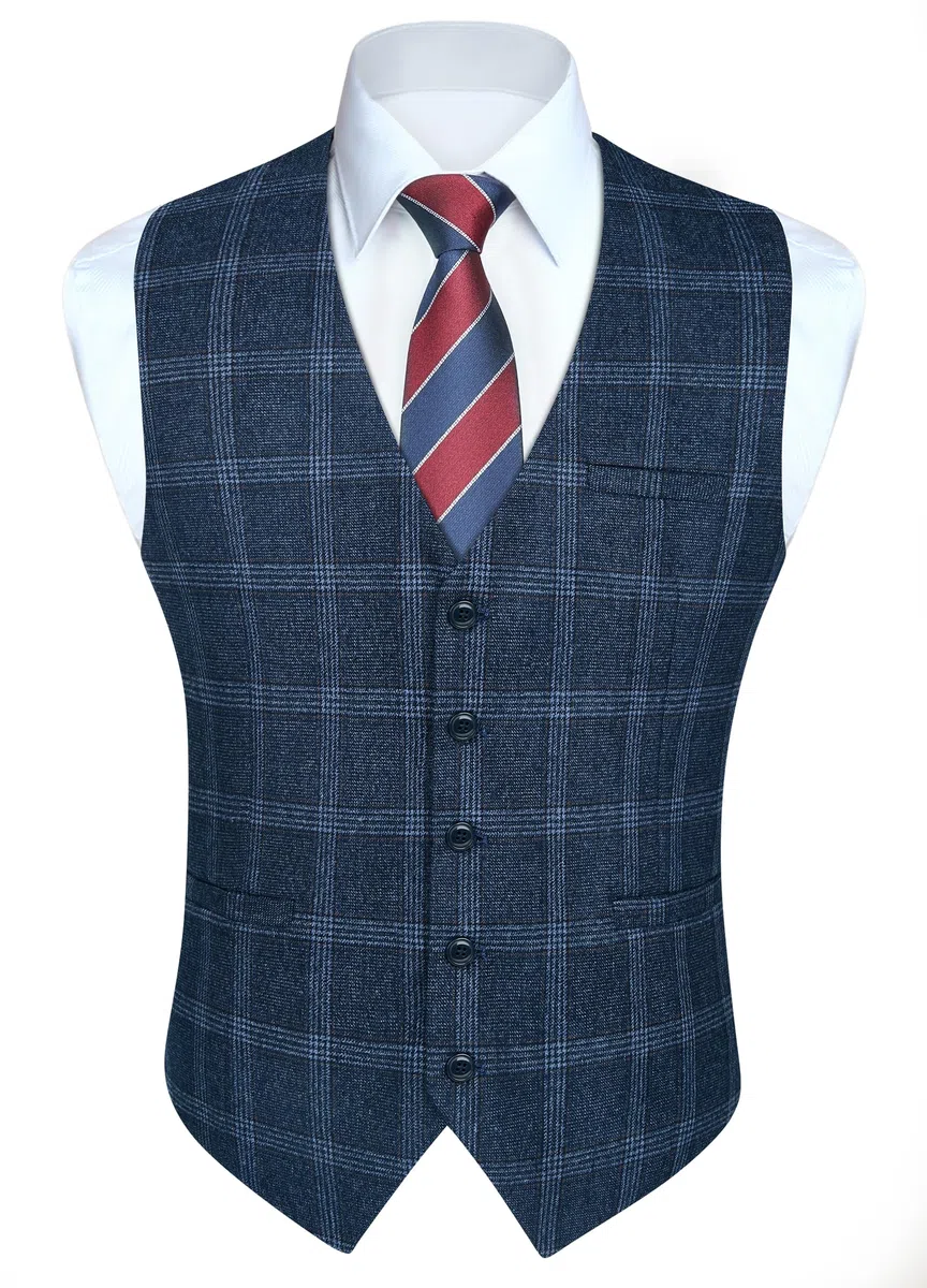 HISDERN Gilet da Abito da Uomo a Quadri Classico Elegante Panciotto Uomo in Cotone Formale Casual Scozzese Senza Maniche da Matrimonio con Tasche