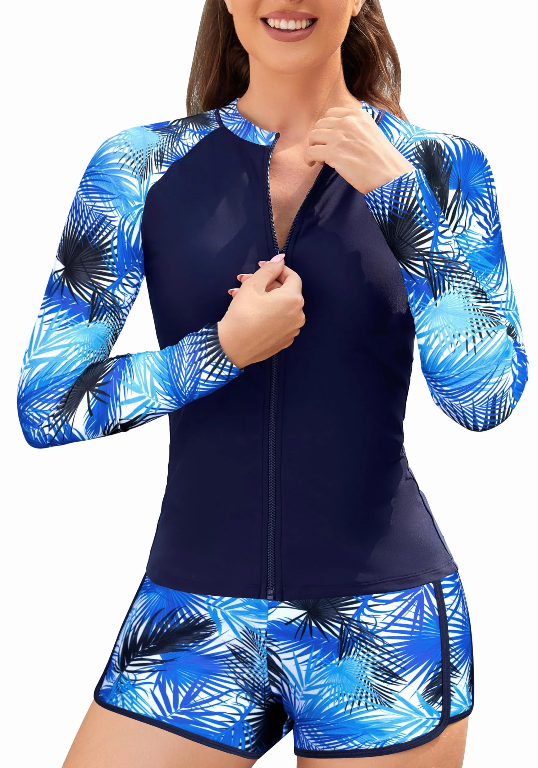 SHEKINI Rash Guard Set da donna con chiusura lampo, a maniche lunghe, costume da bagno