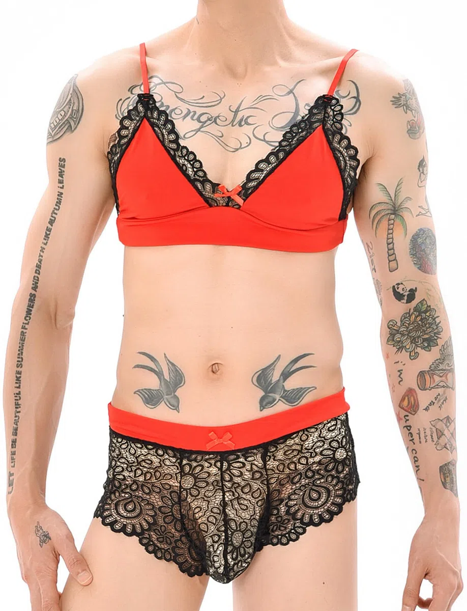 Happy Cherry Bikini Crossdressing Lingerie Set per Uomini Reggiseno Biancheria Intima Calze Set 3 Pezzi