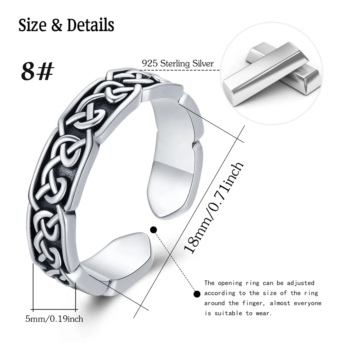 Anello celtico da uomo in argento sterling 925 Anelli aperti regolabili con nodo celtico Anelli punk vintage da donna Anello da dito Gioielli Regali di San Valentino per ragazze Donne Bambini
