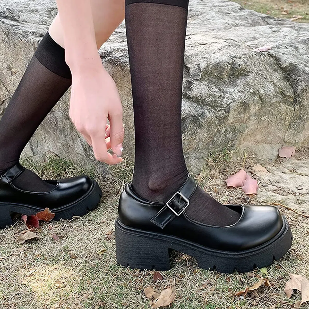 rismart Donna Mary Jane Piattaforma Punta Tonda Tacco Grosso Cinturino Caviglia Scarpe Lolita