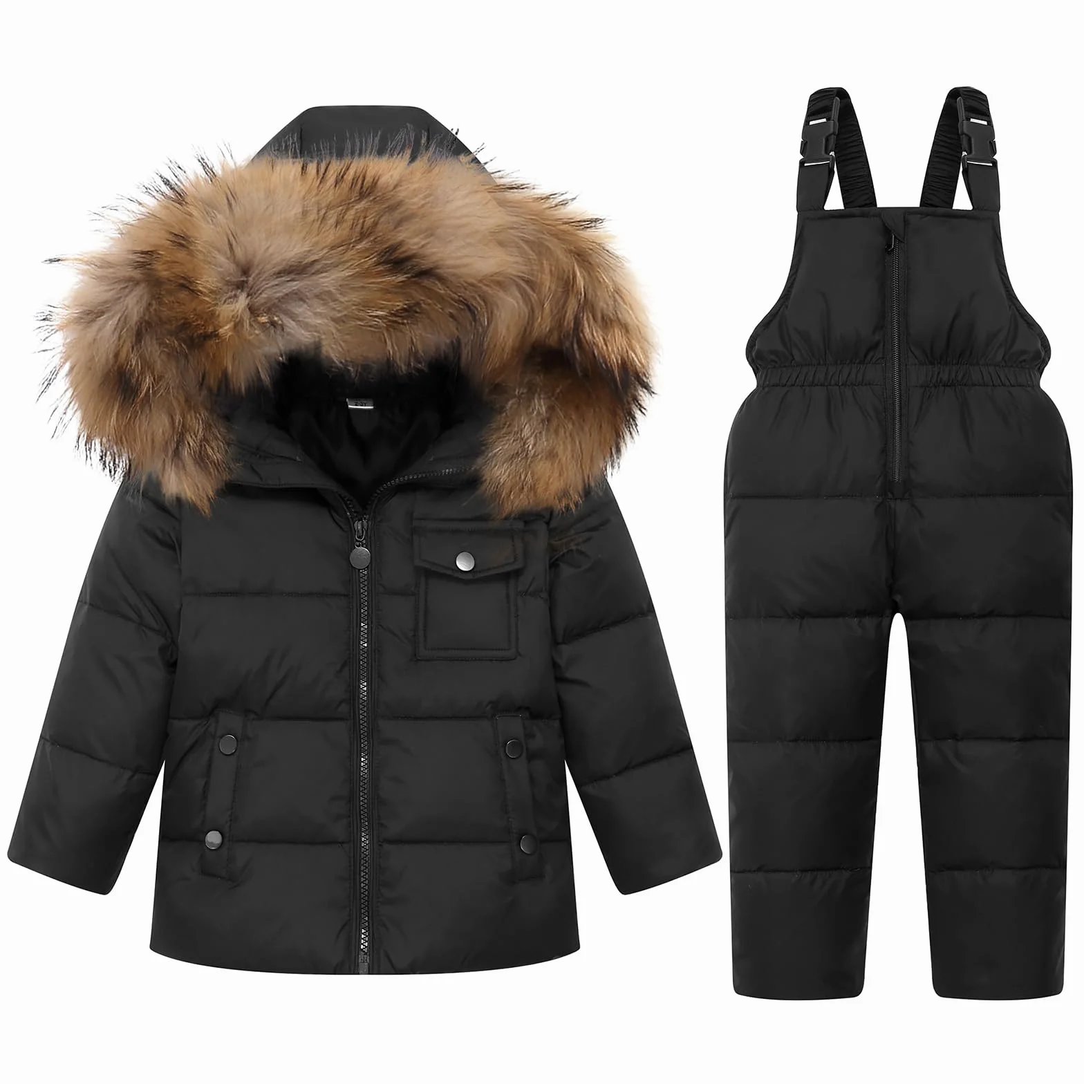 Tuta da Sci Bambino Piumino con Cappuccio + Pantaloni da Sci, 2 Pezzi Tuta da Neve Snowsuit Caldo Invernale Salopette Giacca Cappotto Pantaloni da Neve, Nero 2-3 Anni