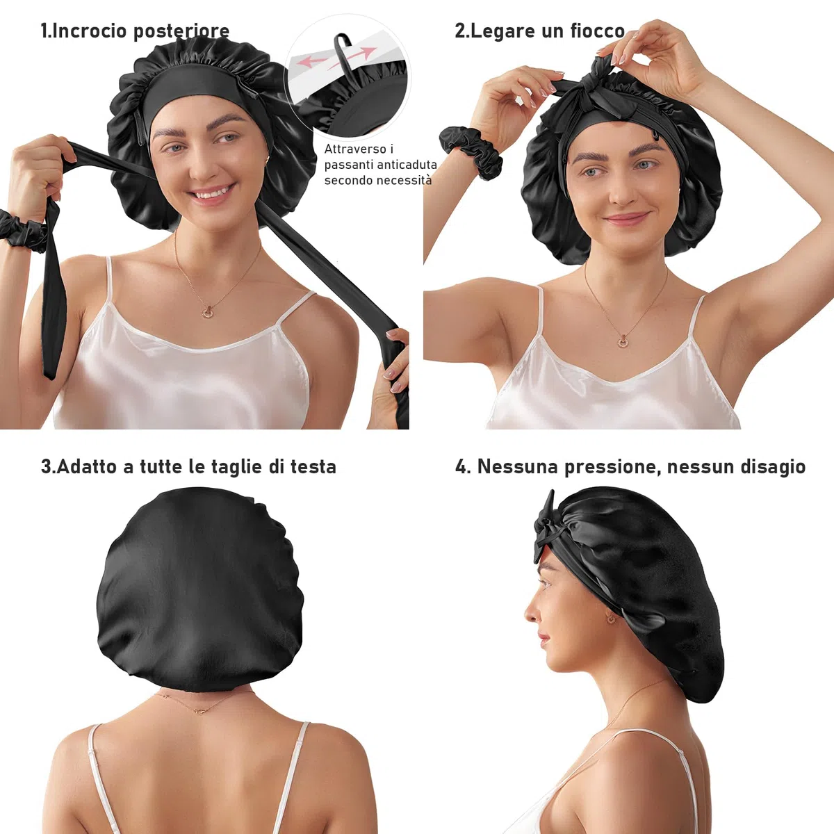 LitBear Cuffia da Notte per Donna in Seta di Gelso 100%, 6A 22 Momme, per Capelli Ricci e Lunghi, Doppio Strato con Fascia Regolabile, Elastico Incluso