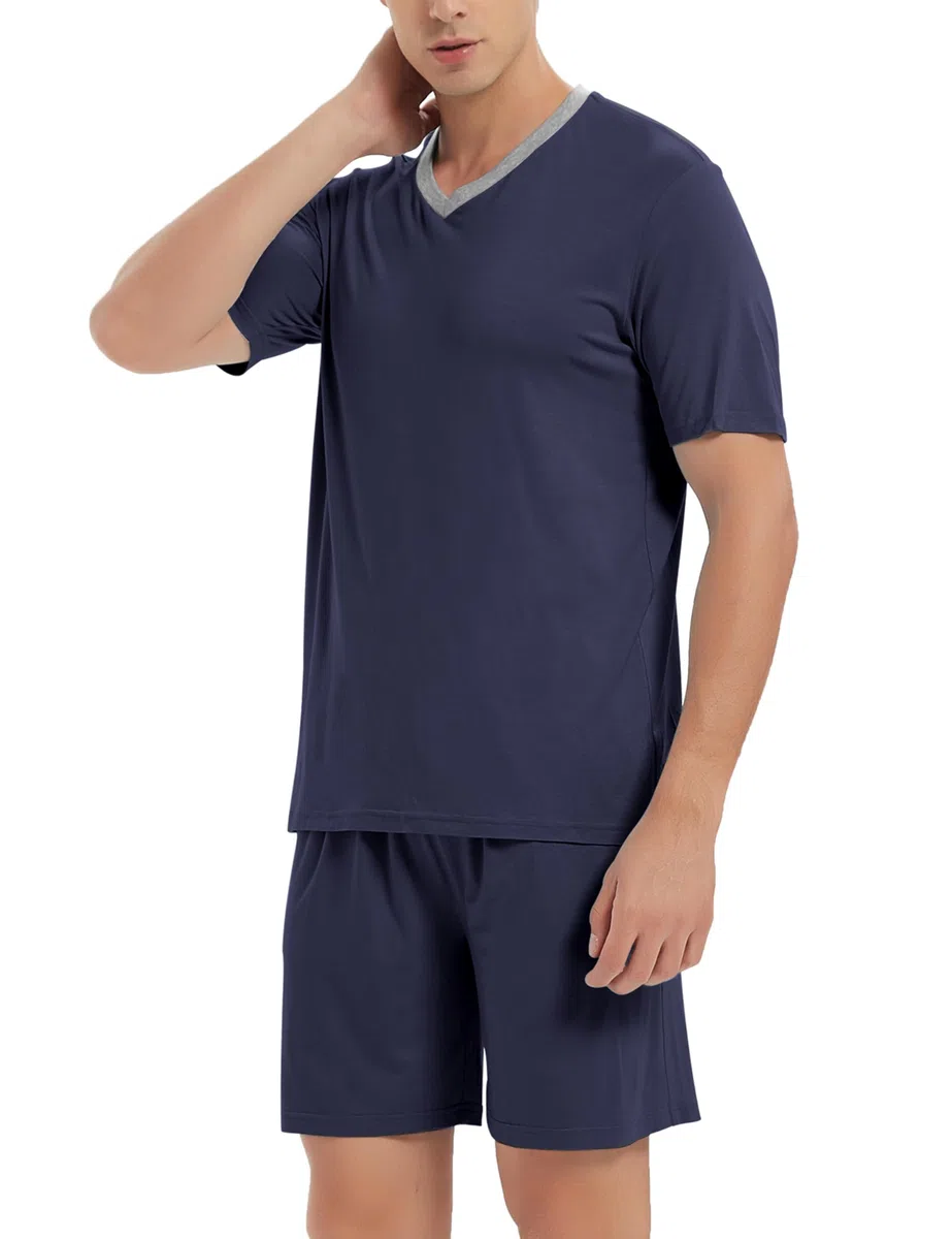 MoFiz Pigiama Uomo Estivo Corto Pigiami Due Pezzi da Uomo Set Manica Corta Scollo a V Pigiama Camicia e Pantaloncini Morbido Comoda con Tasche