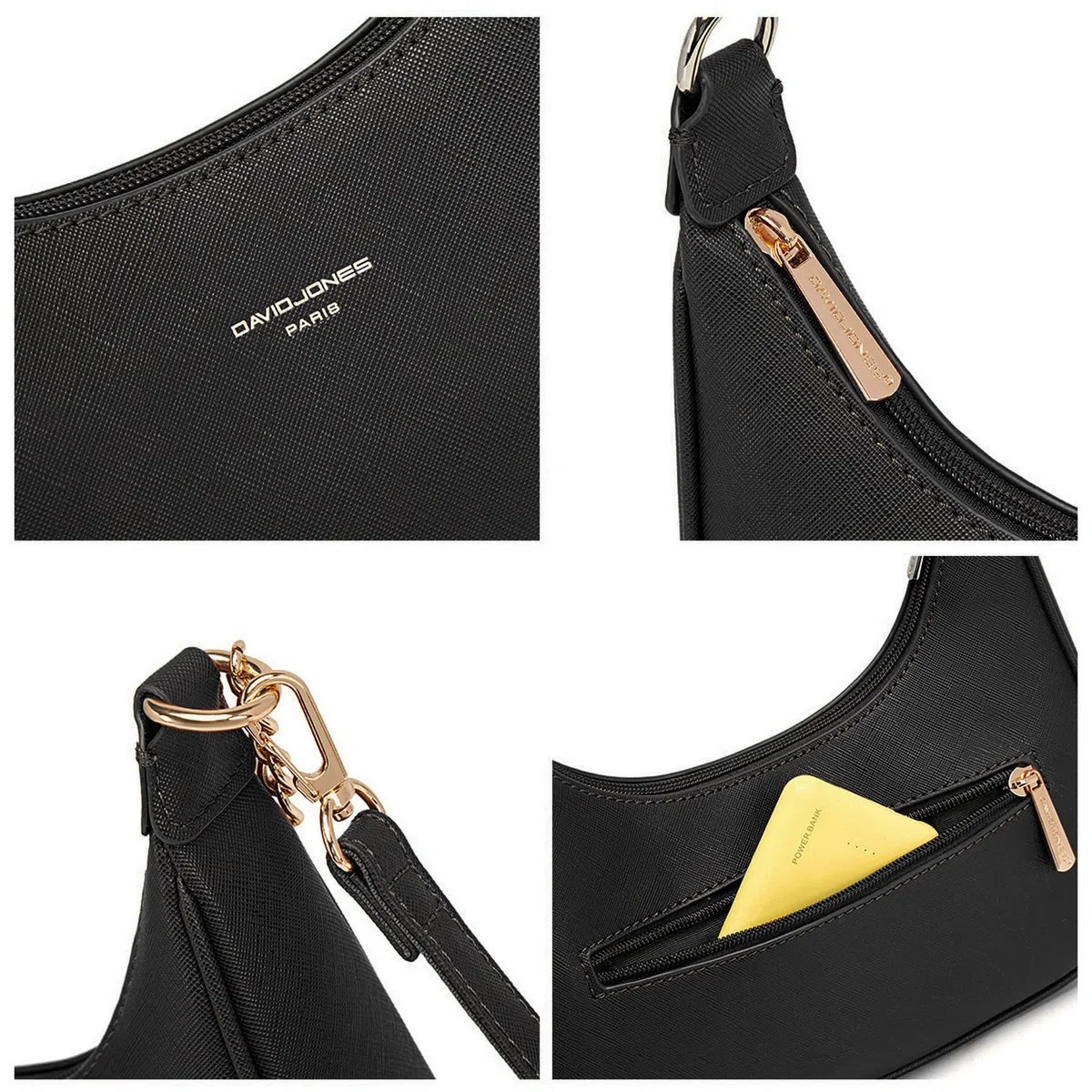 David Jones - Borsa a Spalla Donna - Borsa a Tracolla Catena Simil Pelle PU Rigida - Borsa a Mano Piccola Mezzaluna - Borsetta Pochette Borsello Hobo Clutch Sera Crossbody Bag Tendenza - Nero
