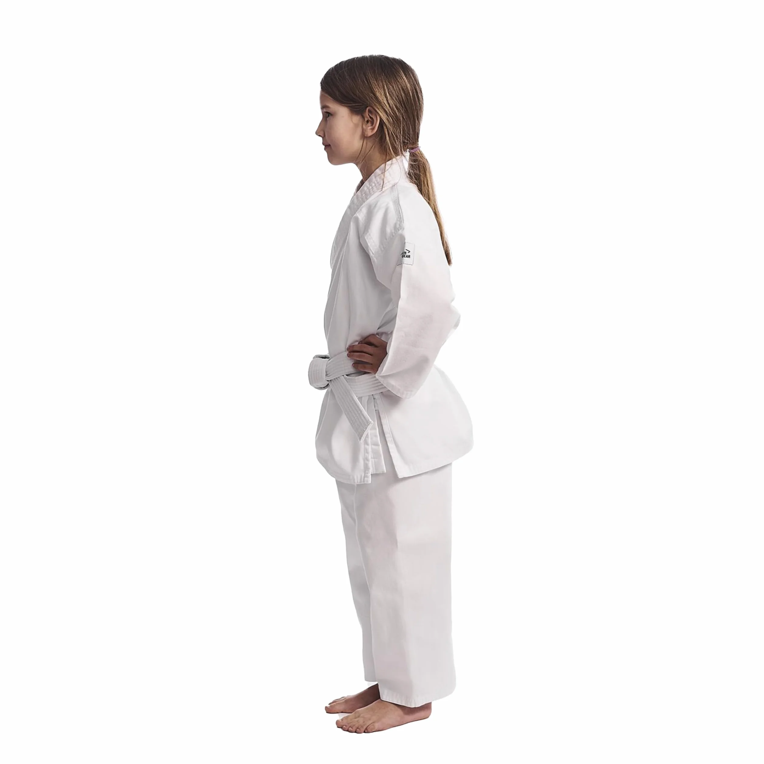 IPPONGEAR Club 2 Karate Gi Set Tuta da Karate per Principianti Tuta per Bambini Inclusa Cintura Bianca (Taglia 100, Cintura con Lacci, densità del Tessuto 220gr/m²) Bianco