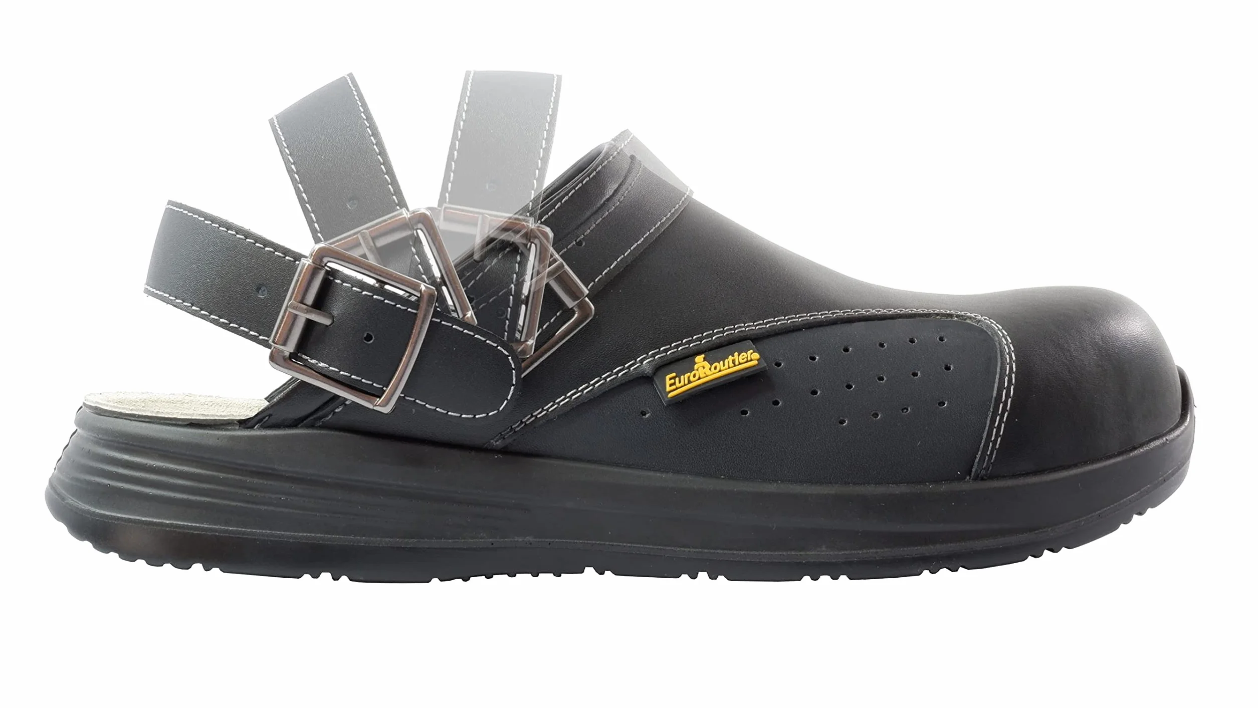 EUROROUTIER Work Slipper, Ciabatta in Pelle con Cinturino Girevole e Fibbia in Metallo OB A-E-FO-SRC