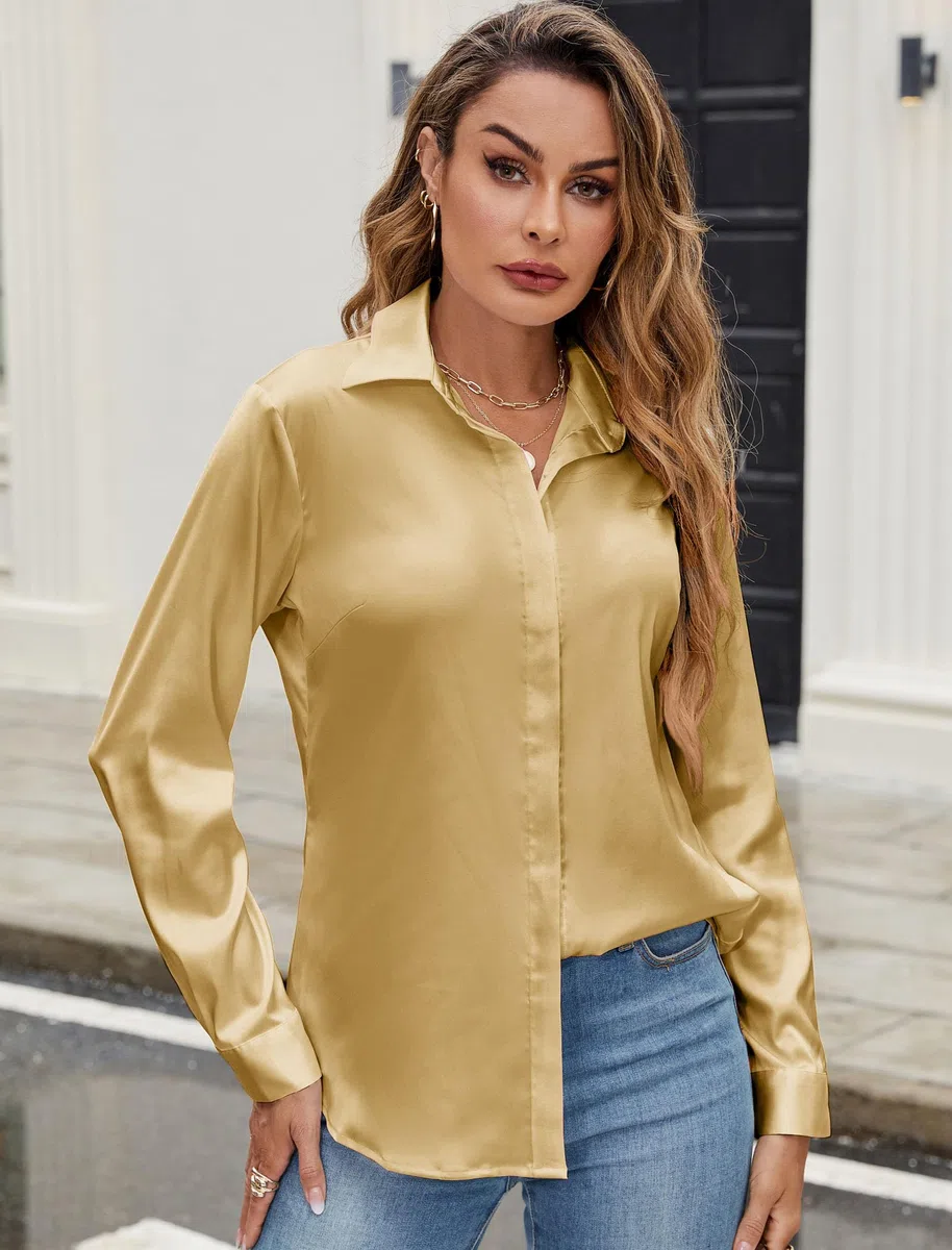Camicia da donna in raso, elegante, con scollo a V, a maniche lunghe, per lavoro, casual, in seta con bottoni