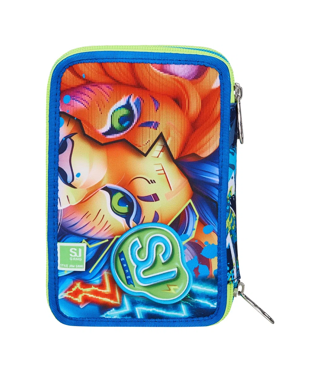 SJ GANG STYLE JAM GANG Astuccio Scuola 3 Zip, Blu, Portapenne Triplo Scomparto Completo Di Penne, Matite, Colori, Accessori Zaino, Scuole Elementari, Bambino