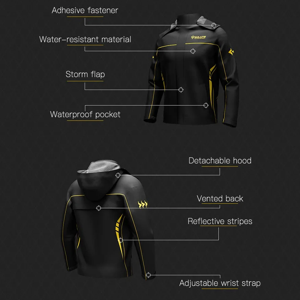 Giacca antipioggia, impermeabile e traspirante, per motociclisti, uomo e donna, abbigliamento da pioggia per ciclismo, giacca e pantaloni con tasca portaoggetti, giacca impermeabile, Nero