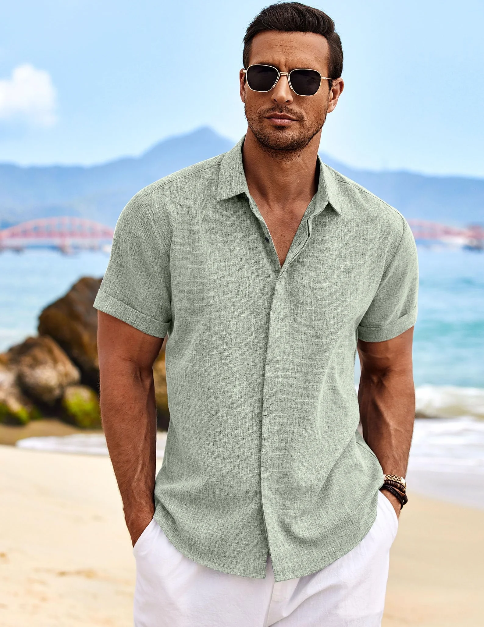 COOFANDY Camicia in Lino da Uomo Camicia a Maniche Corte abbottonata Camicie Casual vestibilità Regolare Camicia in Lino da Spiaggia Estiva