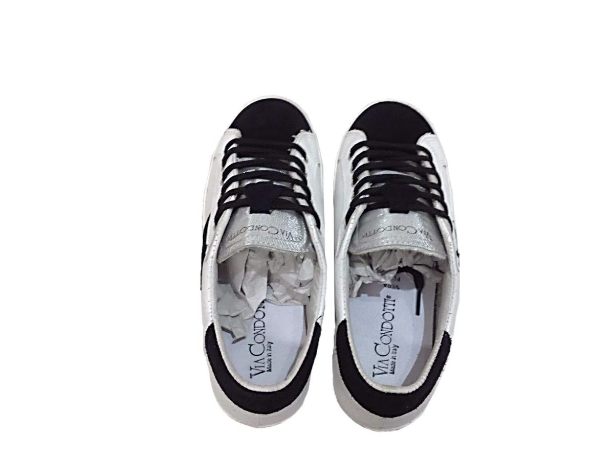 VIA CONDOTTI Scarpe Sneakers Basse Pelle Traforata Bianco Nero Art Golf Stella
