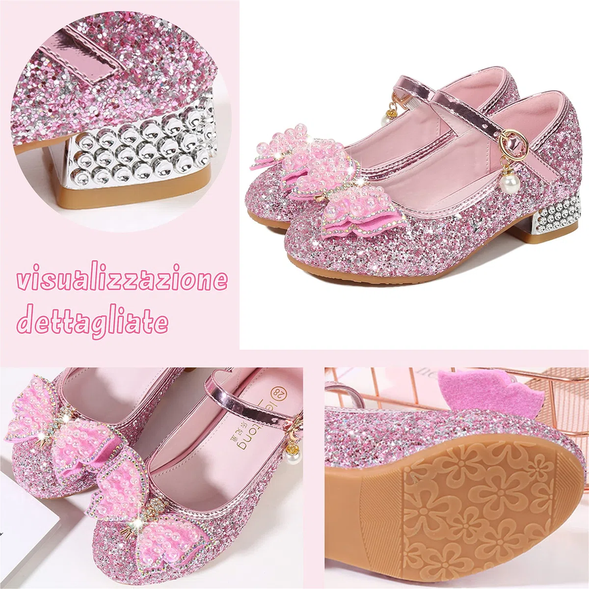 Principessa Scarpe con Tacco da Bambine e Ragazze con Fiocchi Scarpe da Principessa con Paillettes Ragazza Ballerine Glitterate Scarpe Eleganti Partito e Carnevale，Rosa