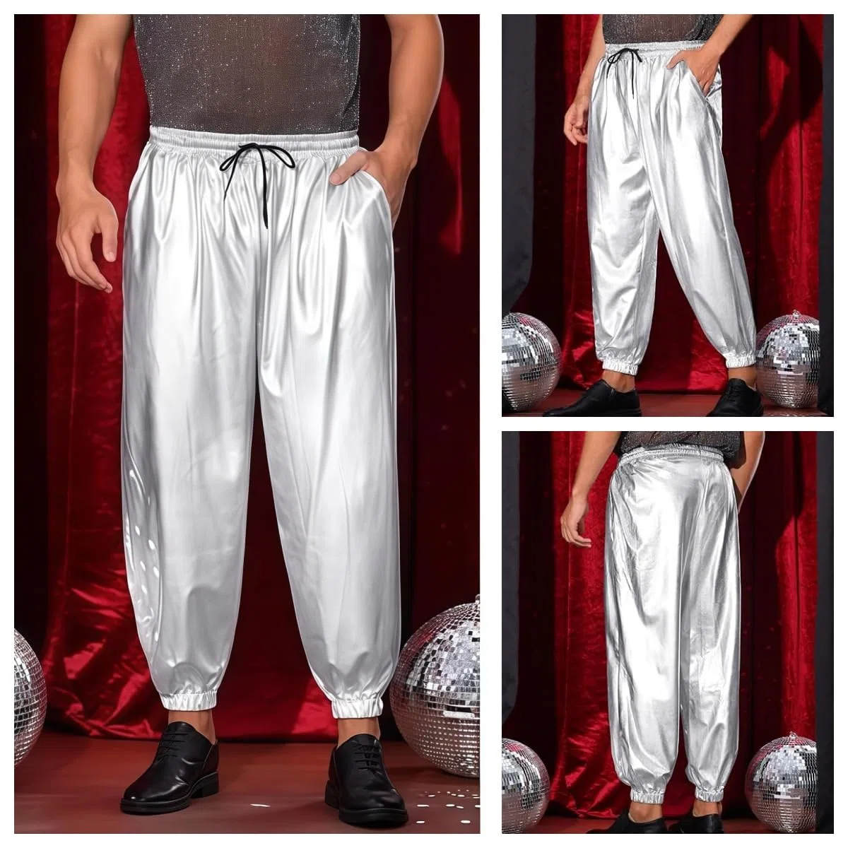 Pantaloni lucidi da uomo, pantaloni da discoteca con coulisse in vita metallizzata con tasche, vita media, in finta pelle, ologramma, hip hop, pantaloni elastici a lunghezza intera, look bagnato, per